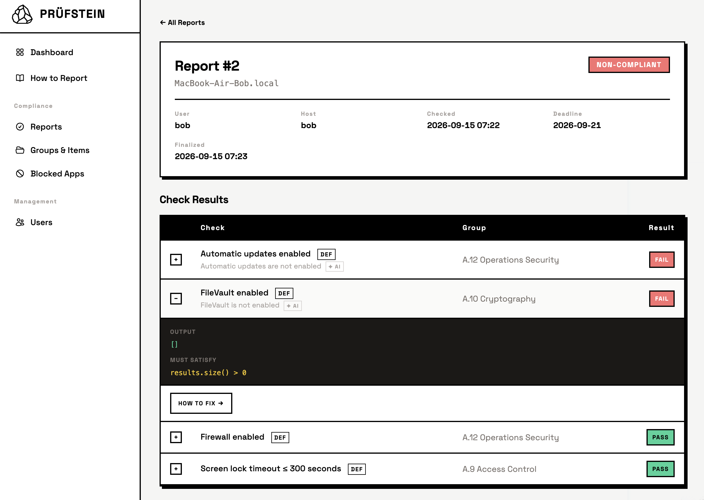 A non-compliant Prüfstein report with four check results, one expanded to show the raw osquery output and the expression it was evaluated against.