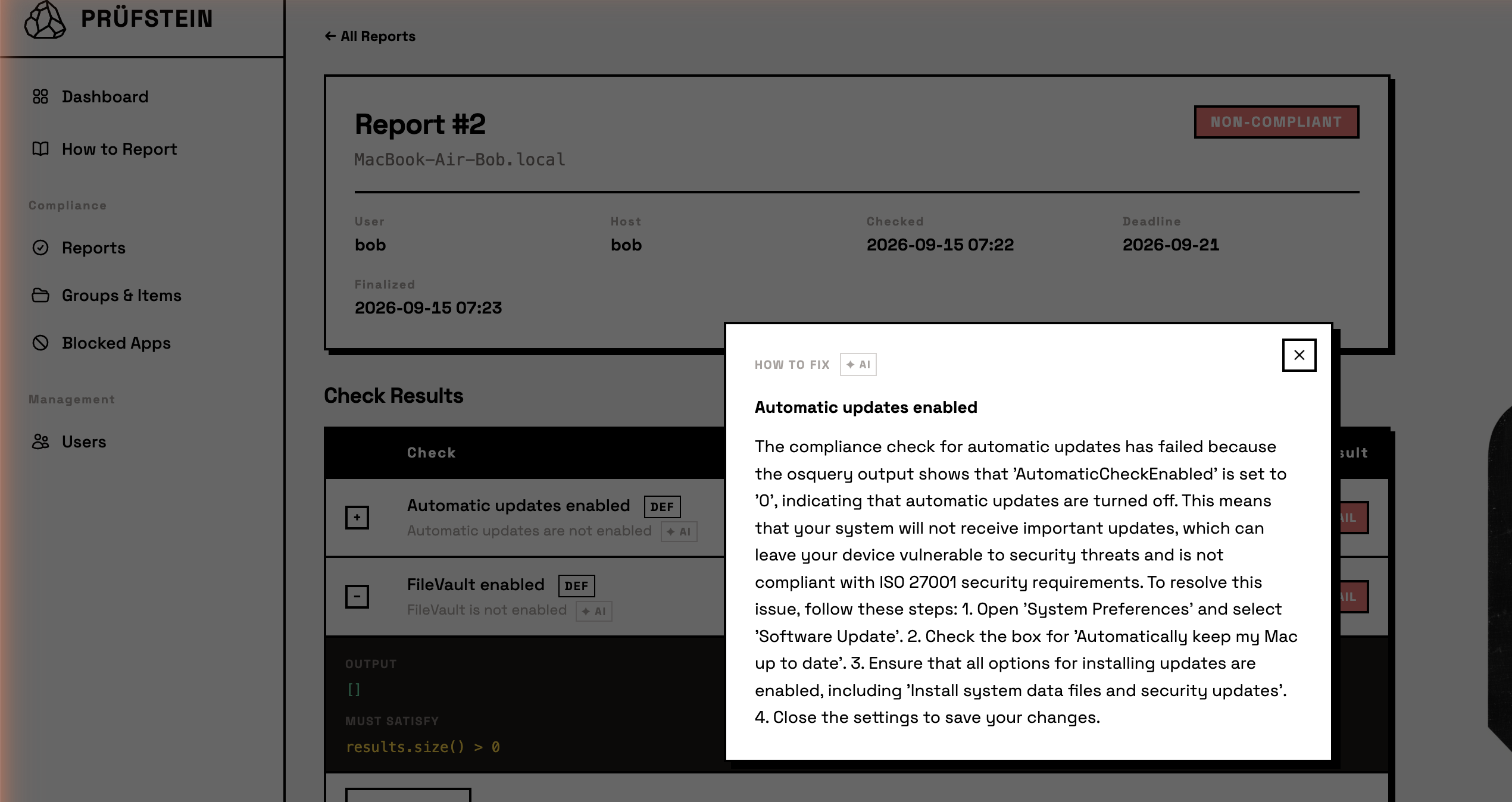 A Prüfstein report with the How to Fix panel open, showing an AI-written explanation of why the automatic-updates check failed and the steps to resolve it.
