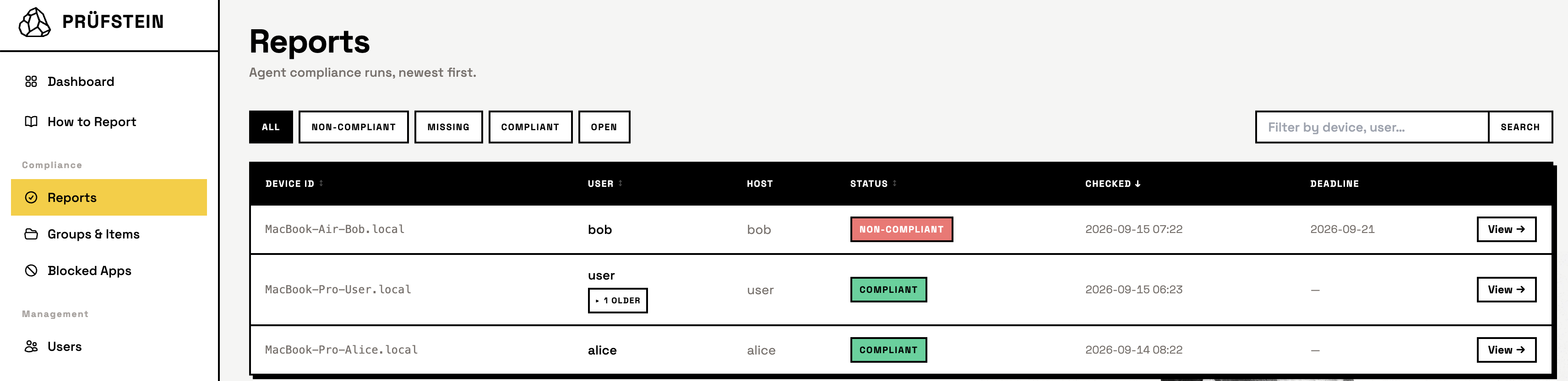 The Prüfstein reports list as an admin sees it: three devices with compliant and non-compliant status chips, status filters above them, and a deadline column.